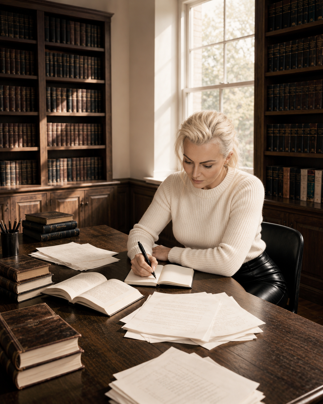 Nathalie writing at a desk in a private library, surrounded by books, notebooks, and manuscript pages beside a sunlit window